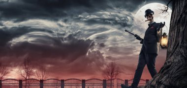 Kafatasında kafatası olan, geceleri fener tutan ürkütücü kötü karakter. Korku ve Cadılar Bayramı konsepti.