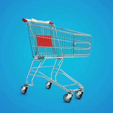 Boş küçük süpermarket alışveriş arabası: market alışverişi ve perakende konsepti