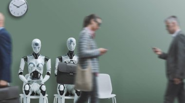 Business people and humanoid AI robot sitting and waiting for a job interview: AI vs human competition