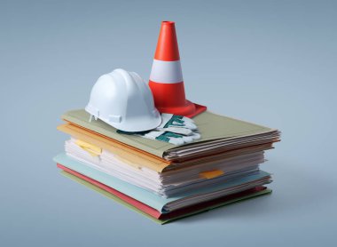 Pile of paperwork, safety equipment and work tools: construction and renovation concept clipart