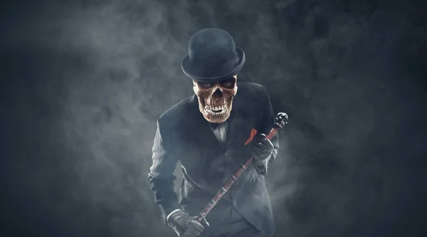 Scary Evil Character Skull Head Wearing Elegant Suit Looking Camera — Stock Photo, Image