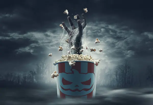 Scary zombie hand coming out of a popcorn bucket: horror movies and Halloween concept