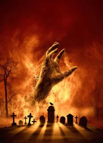 Mão Zumbi Assustador Subindo Céu Noturno Velho Cemitério Assustador Horror — Fotografia de Stock