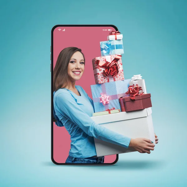 Happy Smiling Woman Shopping Holding Lot Gift Boxes Smartphone Videocall — Stock Photo, Image