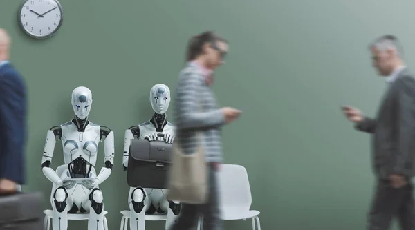 Business People Humanoid Robot Sitting Waiting Job Interview Human Competition — Stockfoto
