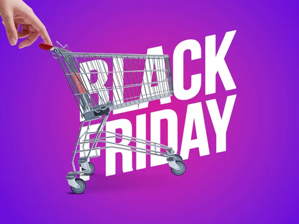 Vrouw Die Een Klein Winkelwagentje Duwt Black Friday Sale Advertentie — Stockfoto