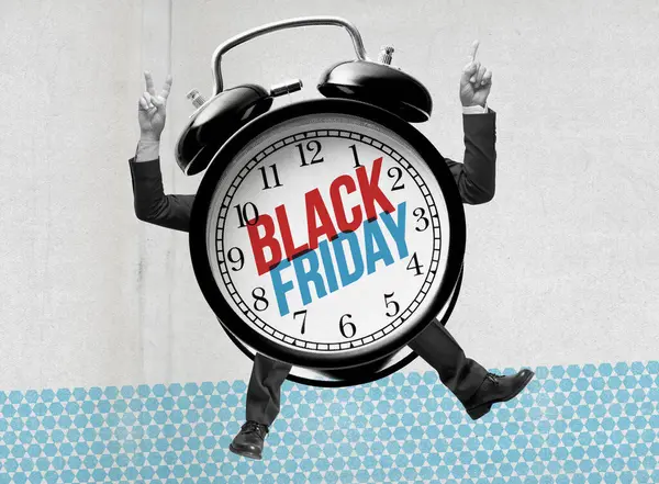 Black Friday Sale Advertisement Funny Vintage Alarm Clock Character — Stock Photo, Image