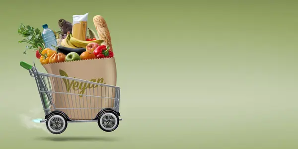 Fast rocket-propelled shopping cart delivering vegan groceries, online grocery shopping concept