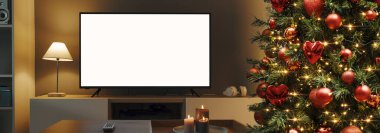 Noel 'de içi boş ekran ve oturma odası olan televizyon, eğlence ve tatil konsepti