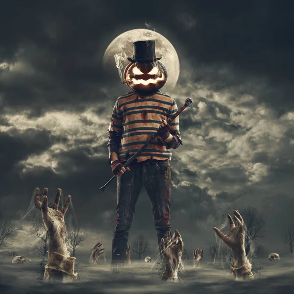 Страшный Персонаж Ужасов Хэллоуин Тыквенной Головой Руками Зомби Встающими Ночью — стоковое фото
