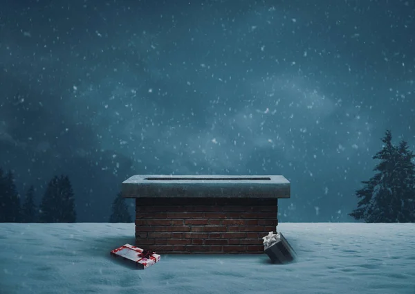 Santa Here Lost Gifts Next Chimney Roof Show Christmas Eve — Stock Photo, Image