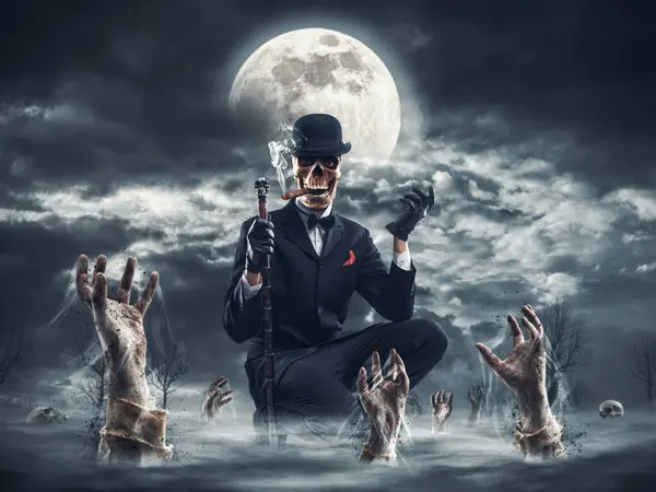 Scary elegant skeleton character and zombie hands rising in the night: horror and Halloween background