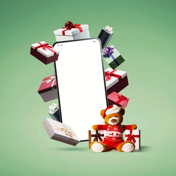 Smartphone Con Pantalla Blanco Rodeado Diversos Regalos Navidad Concepto Compras —  Fotos de Stock