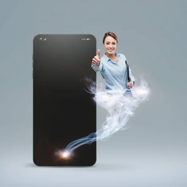 Happy Woman Giving Thumbs Appearing Genie She Coming Out Smartphone — Stock Photo, Image