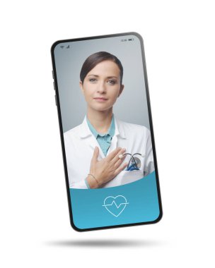Çevrimiçi doktor video çağrısı akıllı telefon ekranı, profesyonel sağlık hizmeti online ve tele sağlık
