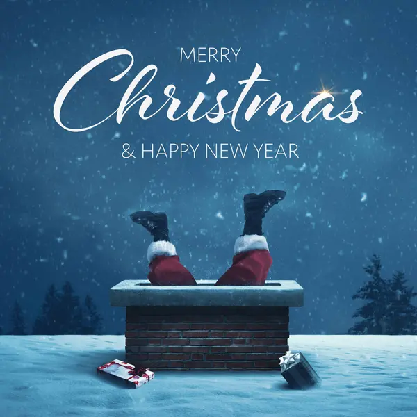 Смішний Санта Клаус Застряг Ногами Димоході Даху Він Доставляє Подарунки — стокове фото
