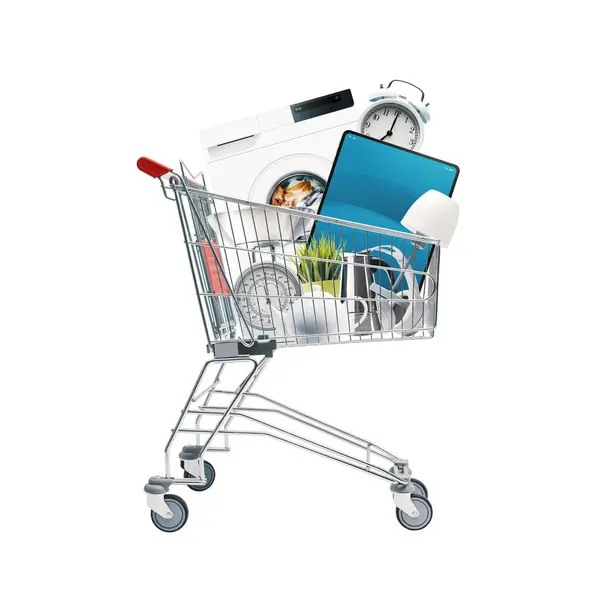 Shopping Cart Full Household Goods Appliances Electronics Sales Retail Concept — Stock Photo, Image