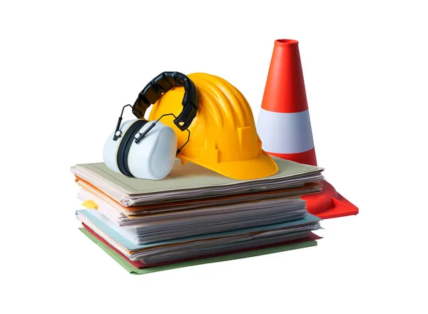 Pile Paperwork Safety Equipment Work Tools Construction Renovation Concept — Stock Photo, Image