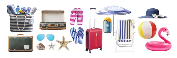 Coleção Viagens Variadas Acessórios Praia Isolados Conceito Férias Verão — Fotografia de Stock