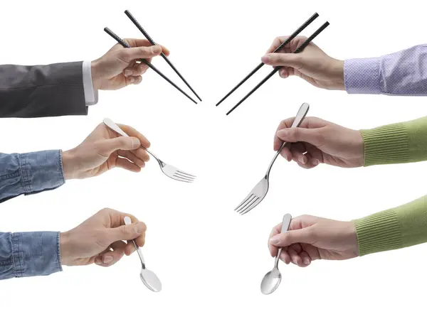 Set Hands Holding Chopsticks Forks Spoons Restaurant Food Concept Isolated — Stock Photo, Image