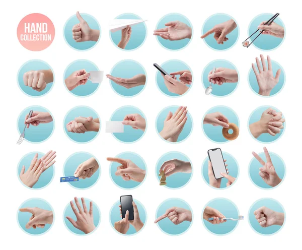Female Hands Different Poses Holding Various Objects Icon Set — Stock Photo, Image