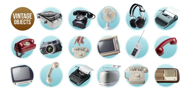 Set Vintage Objects Appliances Electronics Isolated Icons — Stock Photo, Image