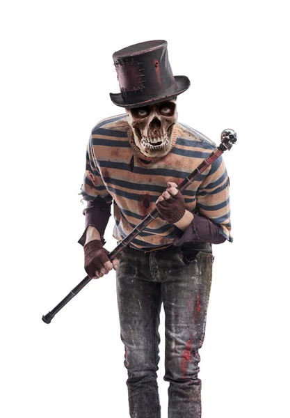 Horror Aggressive Halloween Character Holding Walking Stick Threatening Looking Camera — Stock Photo, Image