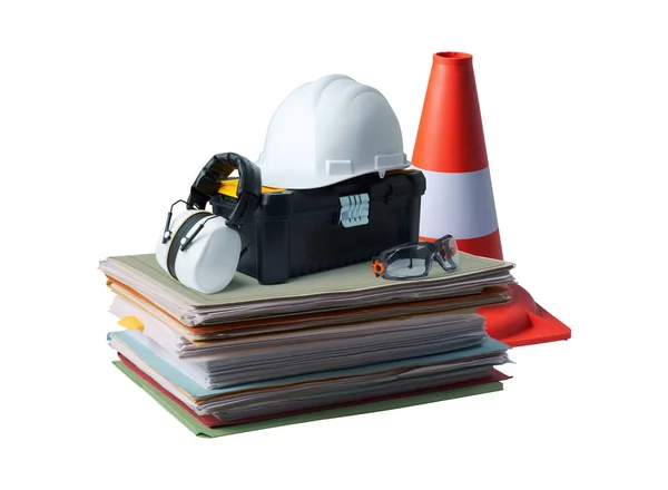 Pile Paperwork Safety Equipment Work Tools Construction Renovation Concept — Stock Photo, Image