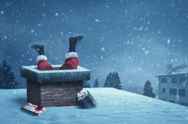 Komik Noel Baba 'nın ayakları çatıdaki bir bacada sıkışmış, Noel arifesinde hediyeler dağıtıyor.