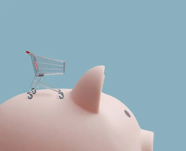 Pequeno Carrinho Compras Enorme Banco Porquinho Compras Supermercado Economia Conceito — Fotografia de Stock