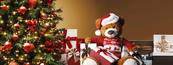 Många Julklappar Och Söta Nalle Med Santa Hatt Hemma Jul — Stockfoto