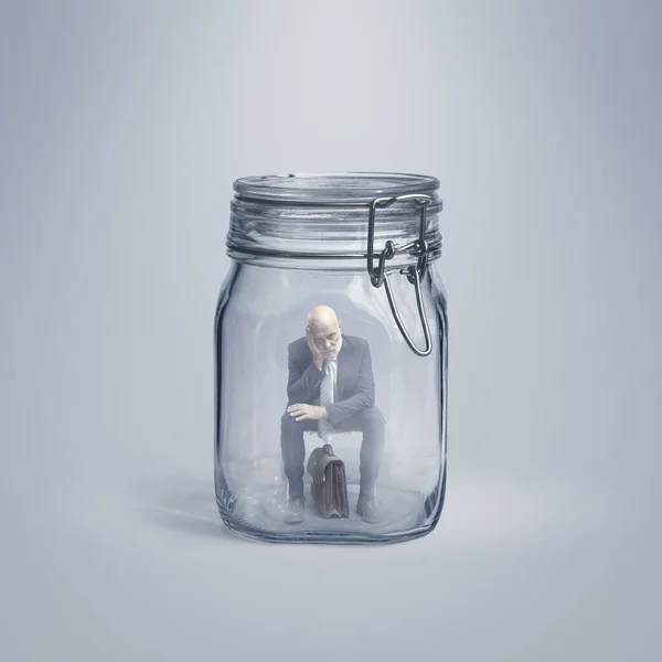 Hopeless Senior Businessman Trapped Glass Jar Sitting Thinking Isolation Failure — Stock Photo, Image