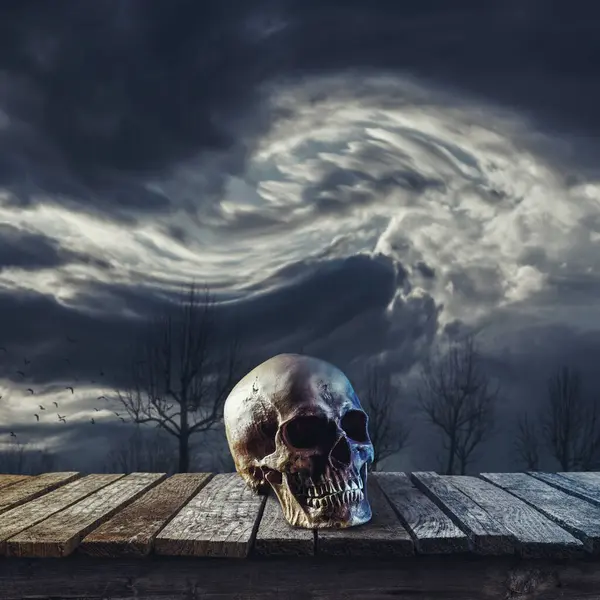 木制甲板上令人毛骨悚然的骷髅 乌云密布的夜空 恐怖与神秘的概念 — 图库照片