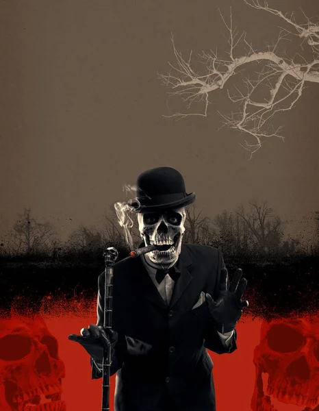 Scary Horror Skeleton Character Smoking Looking Camera Poster Copy Space — Stock Photo, Image