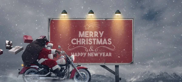 Cool Biker Santa Riding Motorcycle Christmas Wishes Billboard — Stock Photo, Image