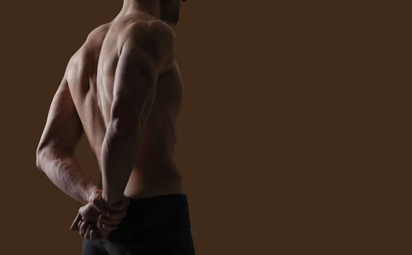 有魅力的性感男人摆姿势并炫耀他的肌肉后背 健身和锻炼的概念 复制空间 图库图片