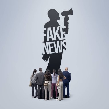 Megafona bağıran ve sahte haberler yayan bir adamın silueti, bir grup insan onu izliyor: sahte haberler, yanlış bilgilendirme ve propaganda konsepti