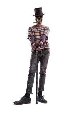 Korkunç zombi iskeleti Cadılar Bayramı canavarı silindir şapka takıyor, uzun bir portre.