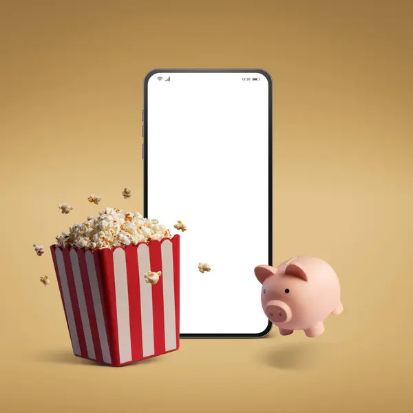 Cheap on-demand streaming service app, blank smartphone, popcorn and piggy bank