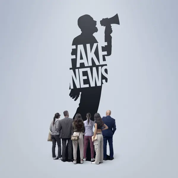 Silhouette Man Shouting Megaphone Spreading Fake News Group People Watching — Stock Photo, Image