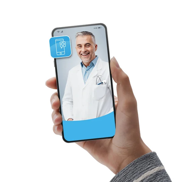 Online Medicinsk Service Och Telemedicin Läkare Ger Råd Smartphone Skärm — Stockfoto