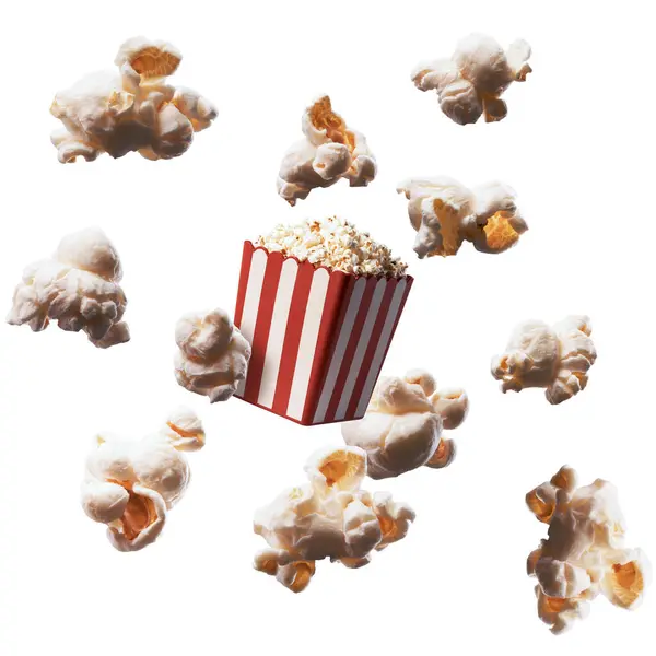 Crunchy Fresh Popcorn Falling Popcorn Box Snacks Entertainment Concept — Stock Photo, Image