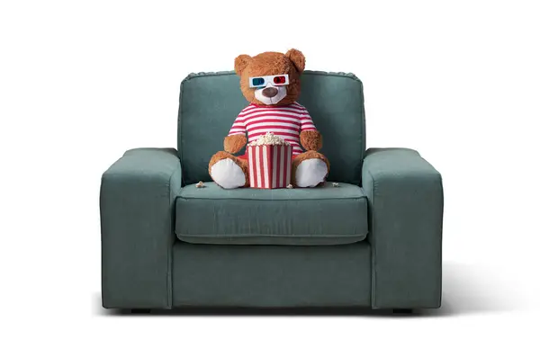 Teddy Urso Sentado Sofá Assistindo Filmes Casa — Fotografia de Stock