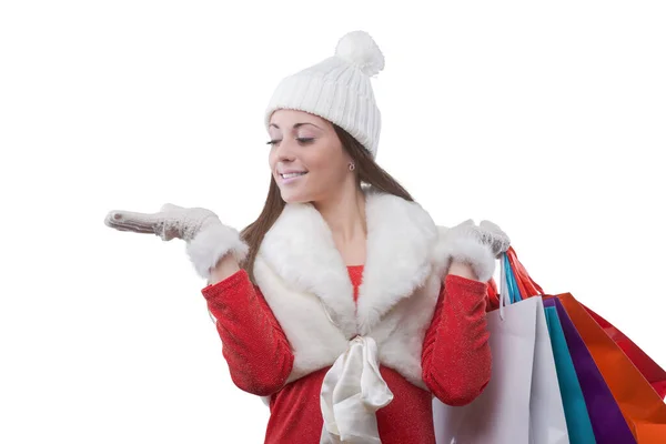 Szczęśliwa Kobieta Robi Zakupy Świąteczne Uśmiecha Się Trzyma Wiele Toreb — Zdjęcie stockowe