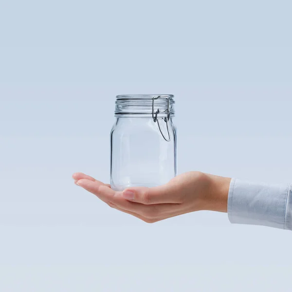 Cupped Female Hand Holding Clean Empty Glass Jar — Stock Photo, Image