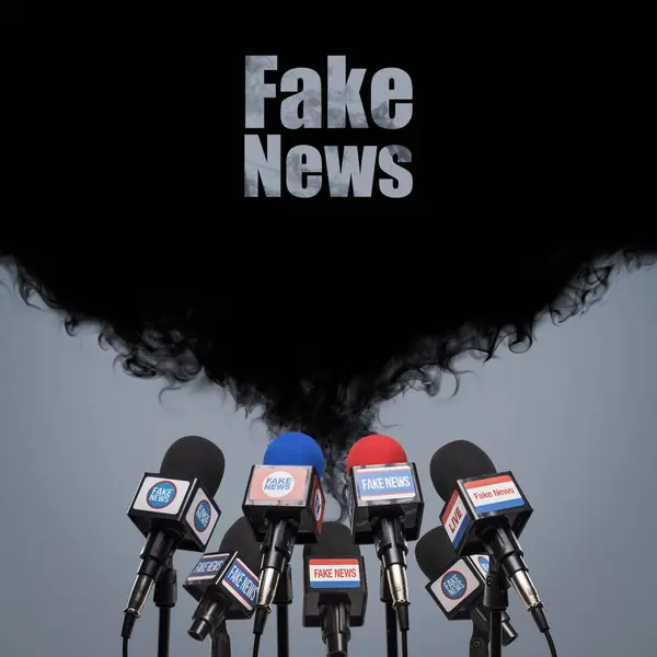 Microphones Prepared Press Conference Black Smoke Fake News Propaganda Disinformation — Stock Photo, Image
