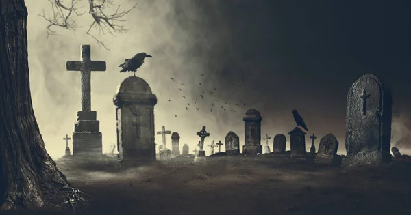 Creepy horror cemetery with old graves and crows, Halloween horror background