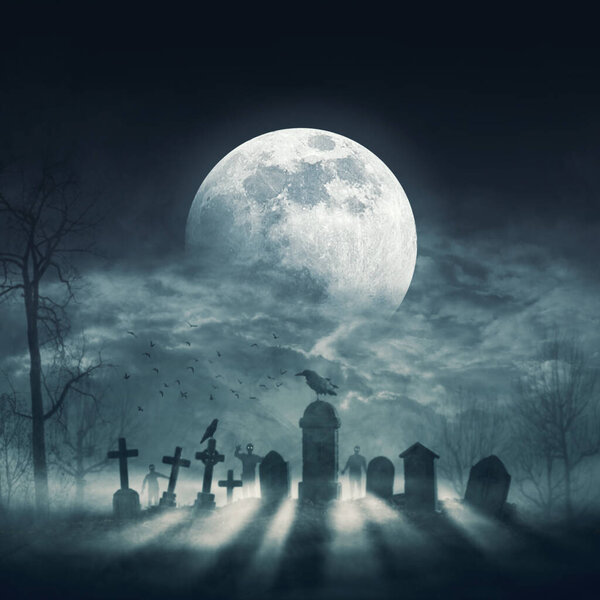Zombies walking in the creepy cemetery at night and big full moon in the sky: horror and Halloween concept