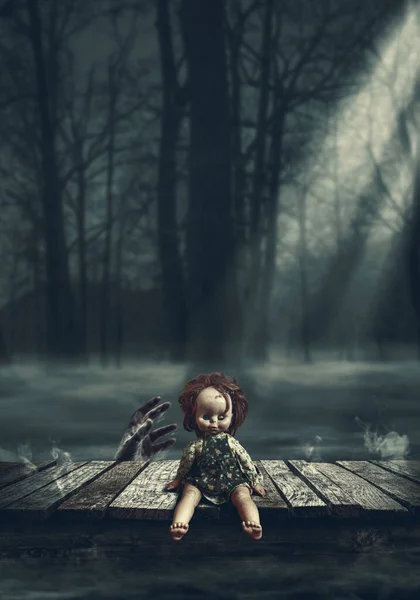Creepy Doll Wooden Deck Night Zombie Hand Rising Her Horror — Stock Photo, Image