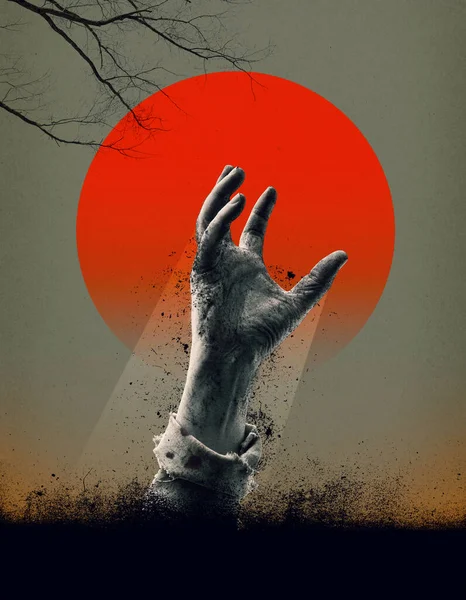Scary zombie hand coming out of the ground, creative poster with copy space